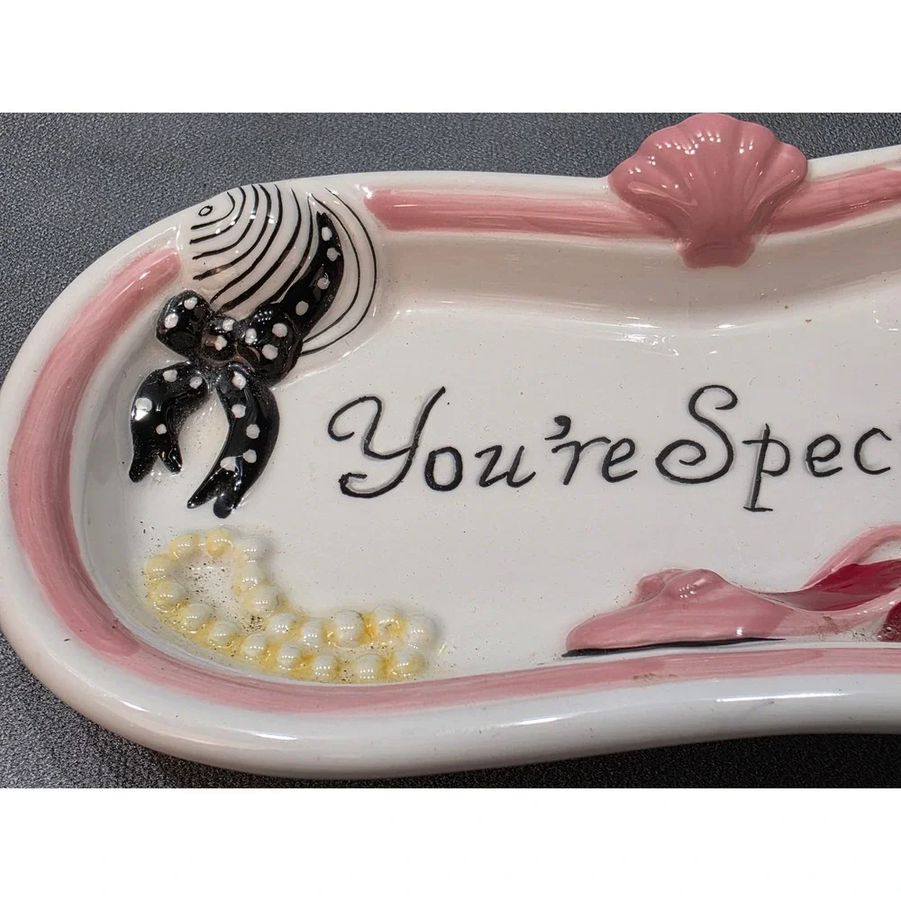 Vintage Ceramic You're Spectacular Vanity Trinket Tray Jewelry Dish Pink White
